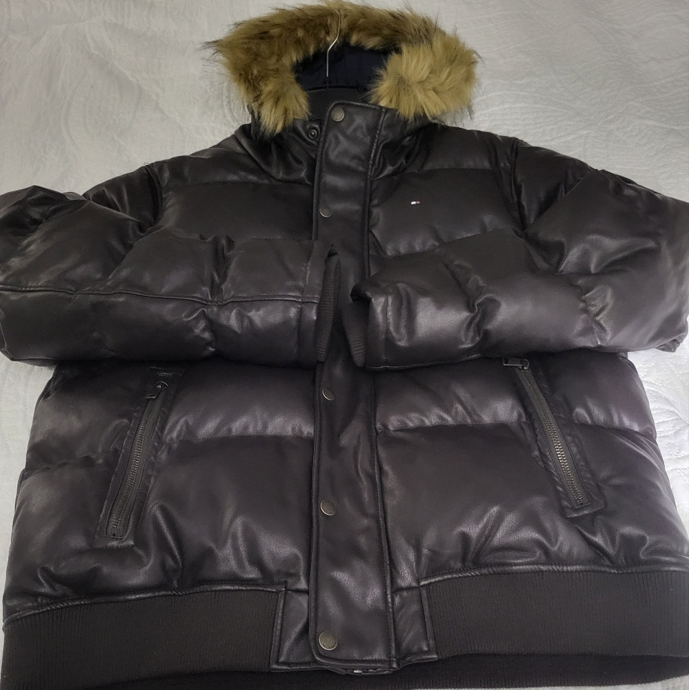 Tommy Hilfiger Faux Leather Snorkel Hooded Bomber. (Heavyweight)
